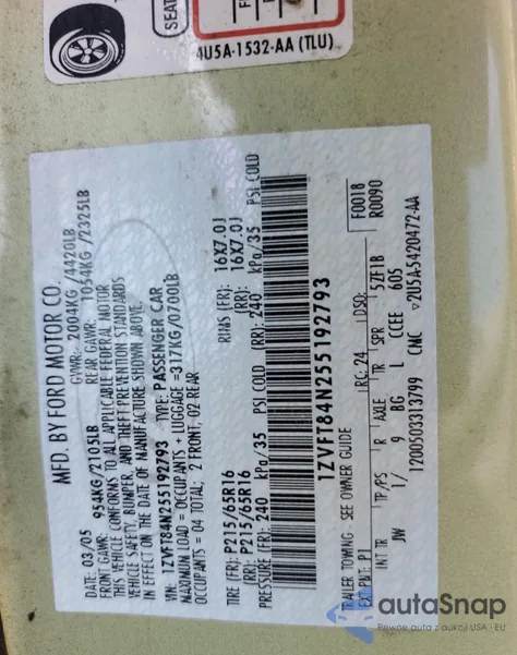 2005 Ford Mustang из США, поврежденный, VIN 1ZVFT84N255192793